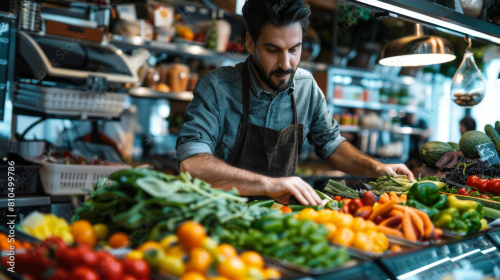 Focused man selecting fresh vegetables at a vibrant, well-stocked organic grocery market.