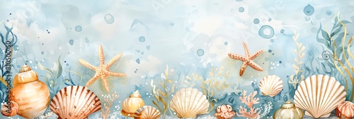 painting of a sea scene with starfish and seashells on the bottom of the water and a blue background