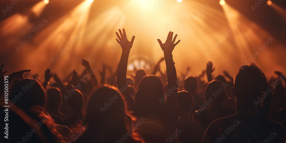 a crowd of people at a concert with their hands up in the air and lights shining down on them a crowd of people at a concert with their hands up in the air and lights shining down on them