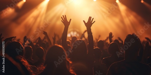a crowd of people at a concert with their hands up in the air and lights shining down on them