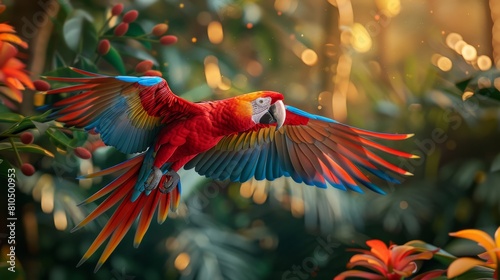 Vibrant Scene of a Colorful Parrot Flying Through the Jungle, Surrounded by Vivid Flowers and Leaves, Featuring Hyper-Realistic and Highly Detailed Illustration of Tropical Wildlife
