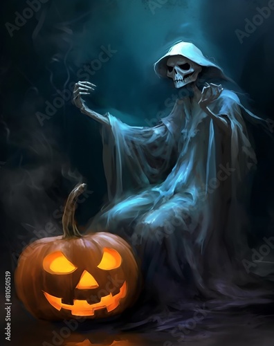a ghost sitting next to a pumpkin on a table with a candle in it
