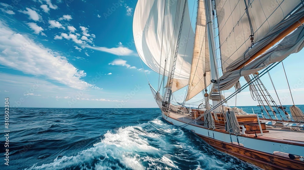 Fototapeta premium a close up shot of JACOB MEINDERT two-masted schooner sailing on the ocean, blue skies, a sense of cinema. copy space for text.