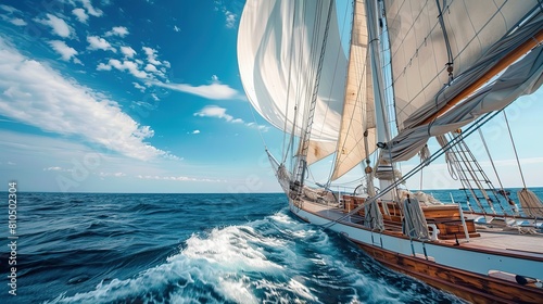 a close up shot of JACOB MEINDERT two-masted schooner sailing on the ocean, blue skies, a sense of cinema. copy space for text.