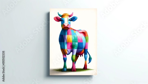 
The image displays a colorful cow with a grid-like pattern on its body, painted in vibrant hues like red, pink, blue, green, yellow, and purple. Set against a plain white background, each part of the