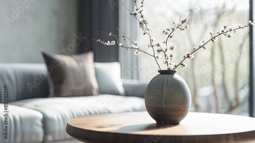 Close-up of Ceramic Vase with Blossom Twigs on Wooden Coffee Table in Modern Living Room