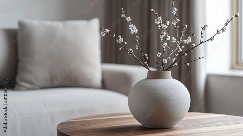 Close-up of Ceramic Vase with Blossom Twigs on Wooden Coffee Table in Modern Living Room Close-up of Ceramic Vase with Blossom Twigs on Wooden Coffee Table in Modern Living Room