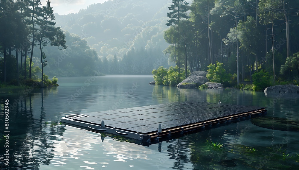 Showcasing the innovation of a floating solar array on a serene lake Showcasing the innovation of a floating solar array on a serene lake