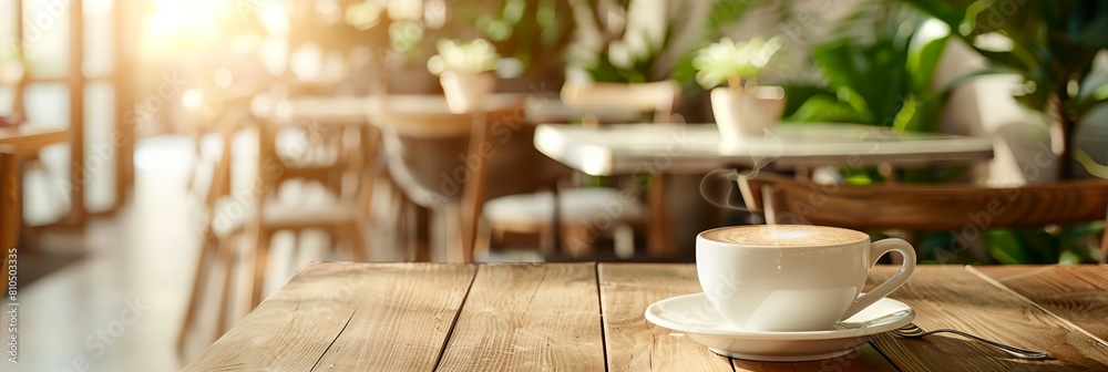 Fototapeta premium cup of coffee on a wooden table in a cafe with a blurred background of chairs and tables