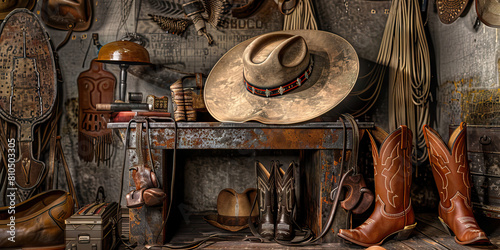 Cowboy Chic: An industrial loft desk surrounded by vintage saddles, cowboy boots and a large Stetson hat.