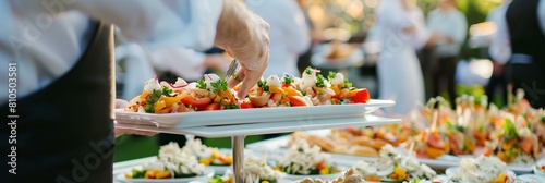 person is serving a platter of food to others at a party or gathering