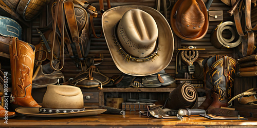 Cowboy Chic: An industrial loft desk surrounded by vintage saddles, cowboy boots and a large Stetson hat.