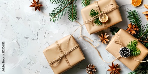 wrapped presents with pine cones and orange slices on a white table