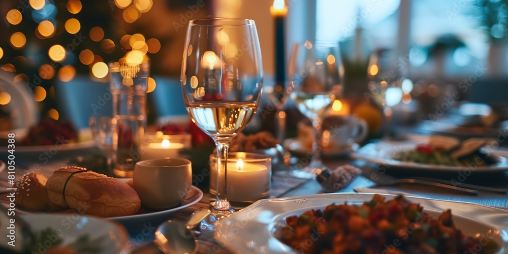 table with a candle and plates of food and glasses of wine