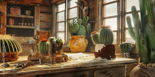 Southwestern Serenity  A rustic desk adorned with cacti and cowhide accessories in a cozy Texas ranch-style setting