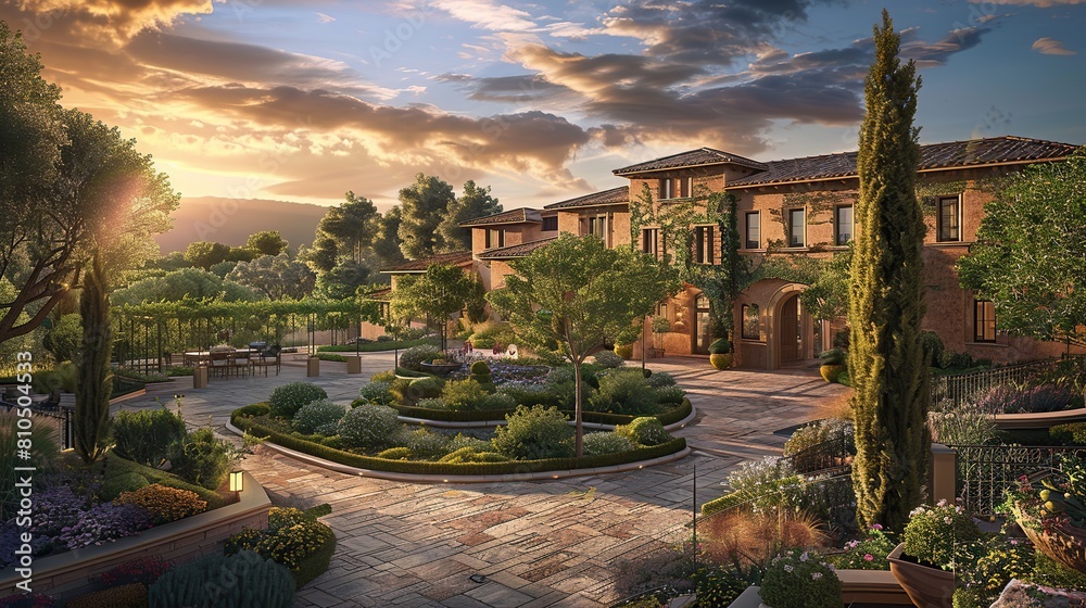 Obraz premium Sophisticated safe and smart residential estate, Style homes, gorgeous gardens, in nature, where lifestyle, sustainability and smart living technology meets.