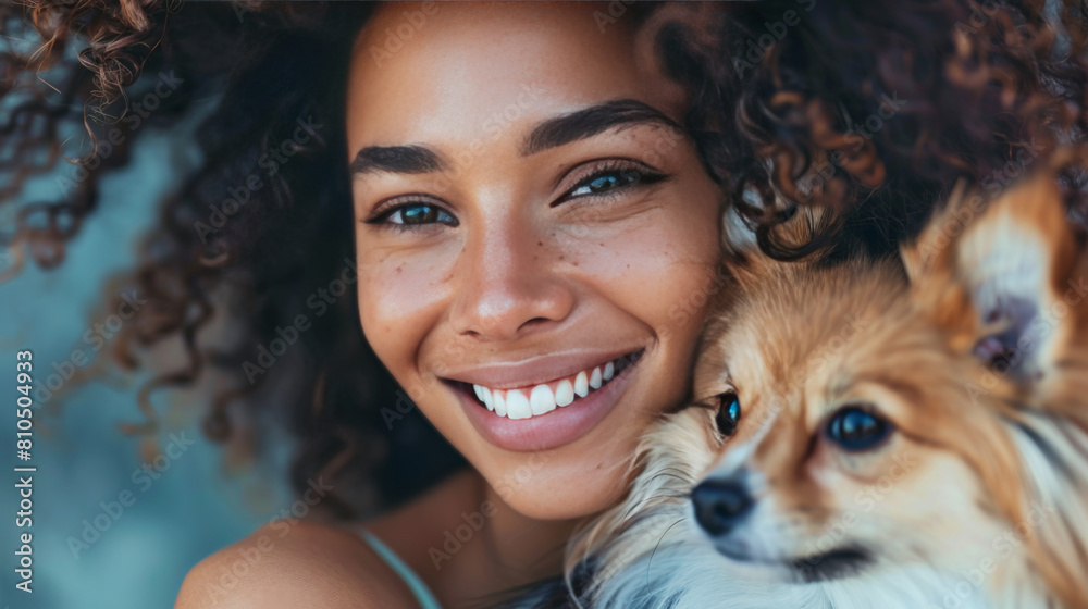 Portrait of a young happy woman with a radiant smile, holding her small dog in a natural outdoor setting. Portrait of a young happy woman with a radiant smile, holding her small dog in a natural outdoor setting.