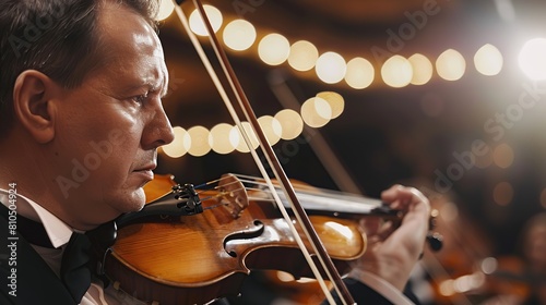 An adult man plays the violin in a symphony orchestra on a blurred background. copy space for text. copy space for text.