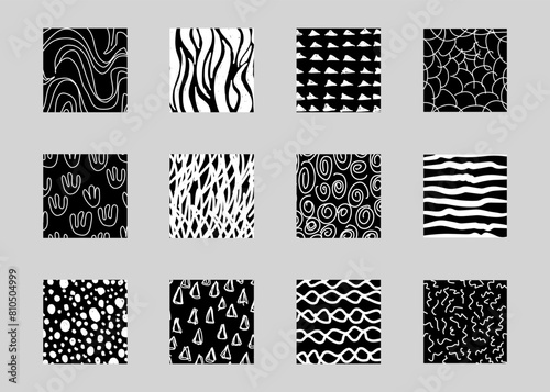 Abstract square shape texture backgrounds. Line doodle, spots, wave, drops, curve patterns