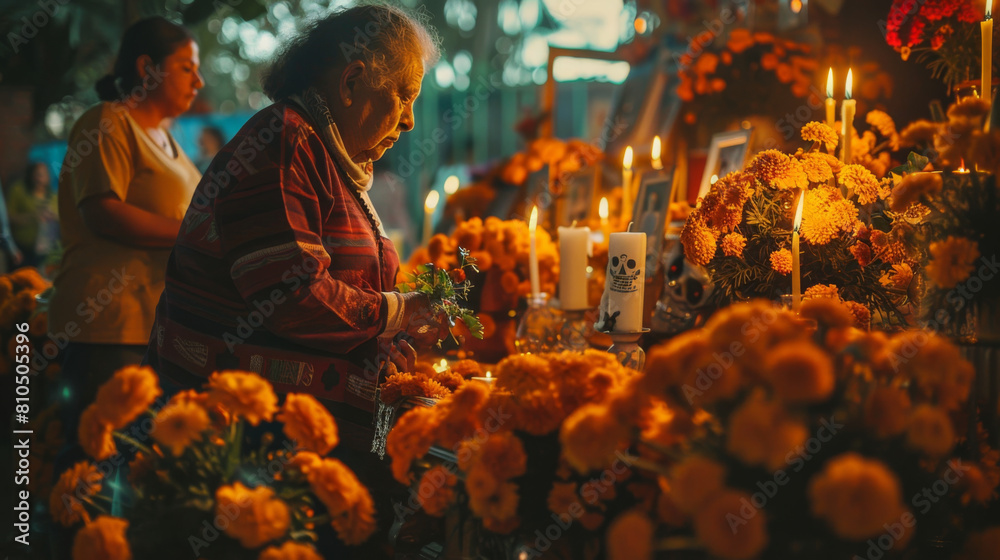 An elderly woman tenderly places flowers at an altar during the traditional Day of the Dead celebration.