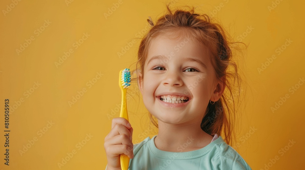 Cute Little Girl Holding a Toothbrush and Smiling Against a Yellow Background, Showcasing Children's Dental Care with a Health-Focused Pose in Pastel Studio Setting Cute Little Girl Holding a Toothbrush and Smiling Against a Yellow Background, Showcasing Children's Dental Care with a Health-Focused Pose in Pastel Studio Setting