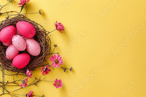 Vibrant Easter display with pink eggs, dark chocolate, nest, flowers on yellow. Bright, festive, ultra realistic flat lay with copy space.