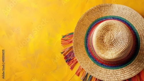 Hawaiian Straw Hat with Colorful Tassels against a Yellow Background.