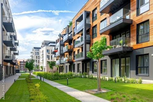 row of modern apartment buildings with a green lawn