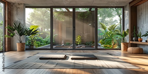 a room with a yoga mat  potted plants and a large window with a view of the outdoors