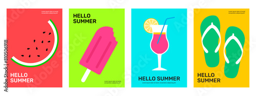 Set of summer poster collection. Watermelon, ice cream, cocktail, flipflop. Season event invitation, cover, promo, flyer, banner. Flat vector illustration in minimalistic style.
