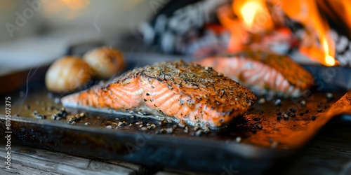 a piece of salmon is being cooked on a grill with a fire in the background and some onions and garlic