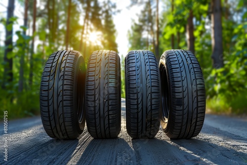 tires on a road in the woods, with the sun shining through the trees