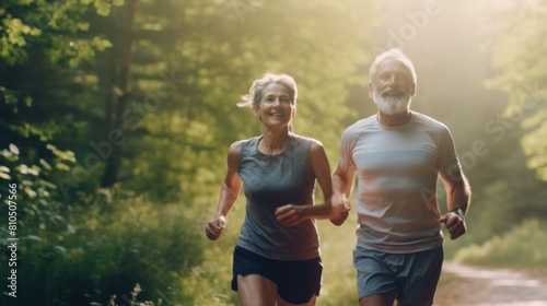 Two people were running on a path surrounded by green trees. They looked as if they were enjoying running in the open air