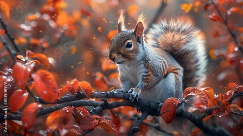 A playful squirrel, perched on a tree branch against a backdrop of autumn foliage photo