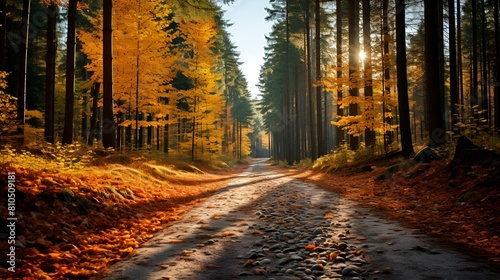 Autumn path through colorful forest tranquil beauty sunlight and vibrant leaves