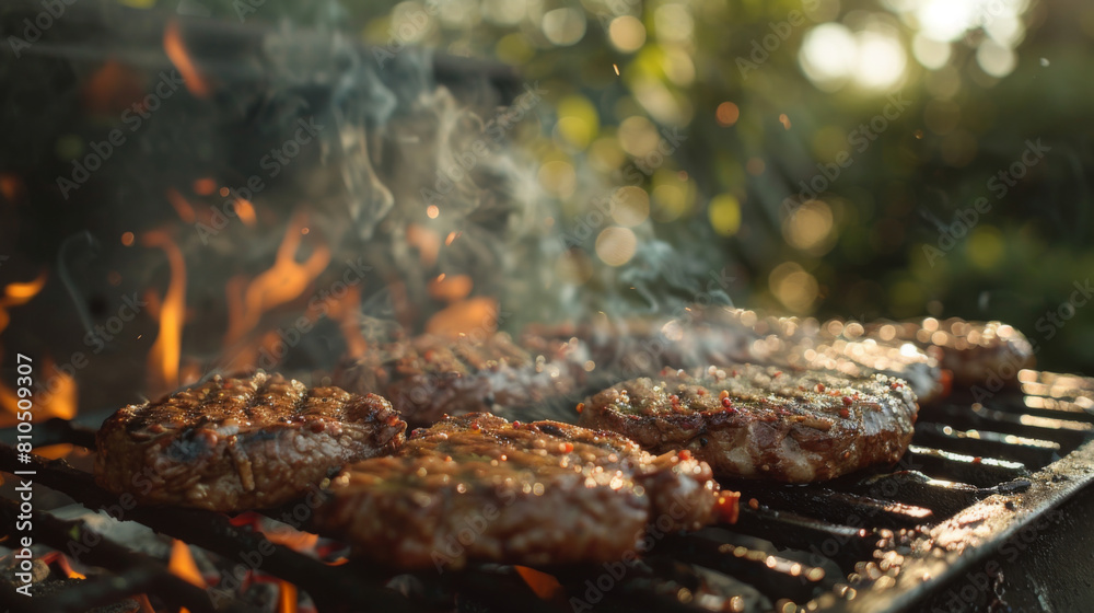 Delicious burgers cooking on a smoky barbecue grill at sunset in a backyard setting, perfect for a summer evening. Delicious burgers cooking on a smoky barbecue grill at sunset in a backyard setting, perfect for a summer evening.