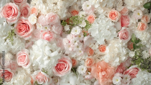 Abundant Blush Rose Wall with Soft White Accents and Delicate Floral Textures