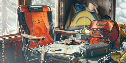 Outdoor Adventure Desk: A functional and durable workspace designed for outdoor enthusiasts, complete with a camping chair, map case, and gear strewn about, reflecting the active lifestyle of those wh