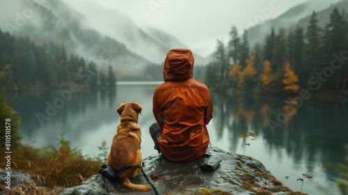 A serene moment as a man and his dog sit on a rock, overlooking a misty lake surrounded by autumn trees.