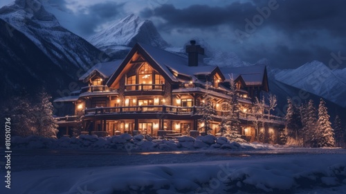 a mansion lit up with lights, set amidst stunning views of mountains and snow