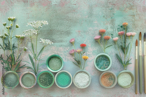 A top-down artistic arrangement of ceramic bowls filled with different colored watercolor paints, surrounded by fresh spring flowers and art brushes on a pastel pink background - Generative AI © lilyl