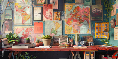 Portland Creative Desk: A colorful and eclectic workspace adorned with vintage maps, succulents, and local art, paying homage to Portland's eccentric culture and thriving art scene photo