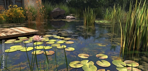 A backyard with a naturalistic pond, complete with water lilies, reeds, and a small wooden dock for observing wildlife. 32k, full ultra hd, high resolution