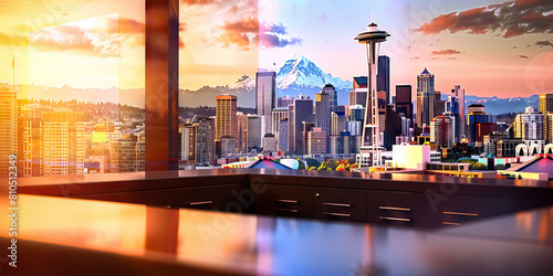  Seattle City Desk  An urban-inspired workstation with a sleek L-shaped desk and a city skyline backdrop  showcasing the iconic Space Needle and Mount Rainier in the distance  embodying Seattle