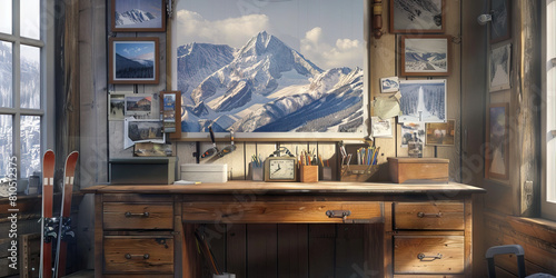 Mountain Desk: A rustic and warm workspace featuring an old-fashioned wooden desk, surrounded by photos of towering peaks and ski resorts, highlighting the rugged beauty of the Rocky Mountains.