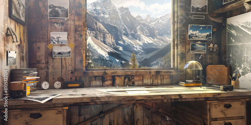 Mountain Desk: A rustic and warm workspace featuring an old-fashioned wooden desk, surrounded by photos of towering peaks and ski resorts, highlighting the rugged beauty of the Rocky Mountains.