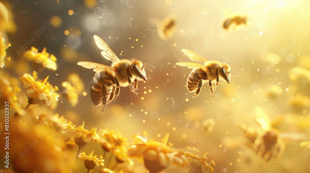 Bees flying among yellow flowers on a golden yellow background Bees flying among yellow flowers on a golden yellow background