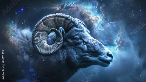 A ram with horns is staring at the camera in a blue sky 4K motion photo