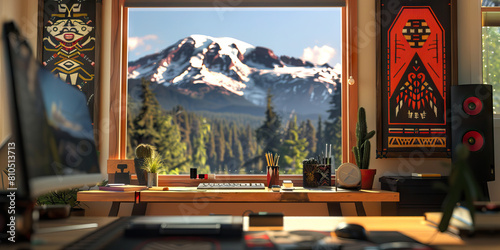 Northwest Desk: A cozy and modern workspace adorned with indigenous art and a stunning view of the Cascade Range, showcasing the unique beauty of the Northwestern United States