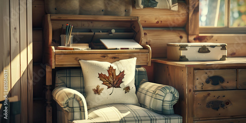 Quirky New England Writing Desk: A small, whimsical writing desk nestled in a cozy nook, complete with a comfortable armchair and a throw pillow emblazoned with a New England maple leaf. photo